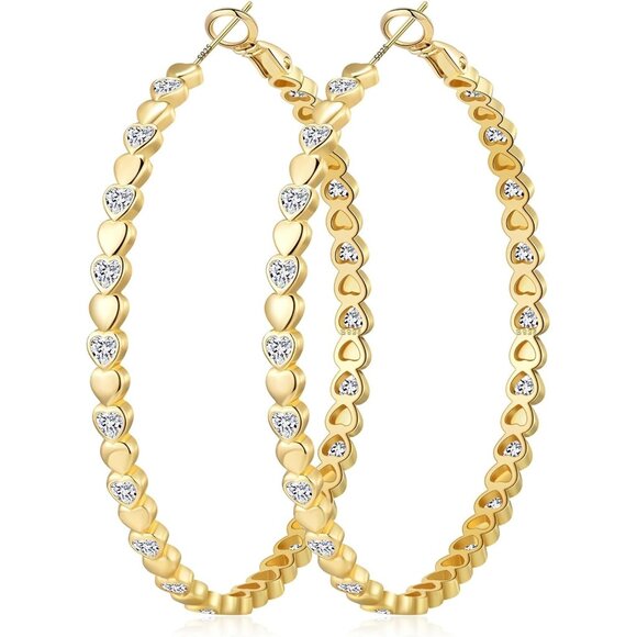 14k Gold Plated 60mm Heart Cubic Zirconia Rhinestone Hoop Earring for Women - Picture 1 of 7